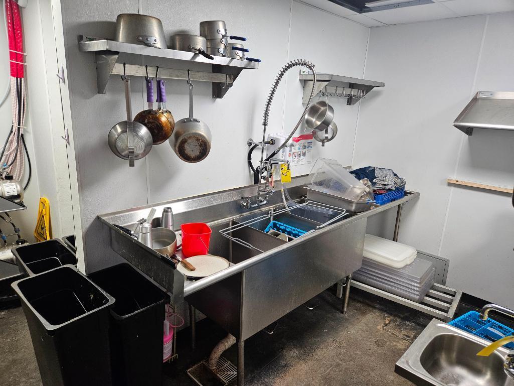 Advance Tabco Stainless Steel 3-Bowl Sink w/ Handspray, Stainless Steel Wall Shelves, Dishwasher Return Tables, etc. (Lot)