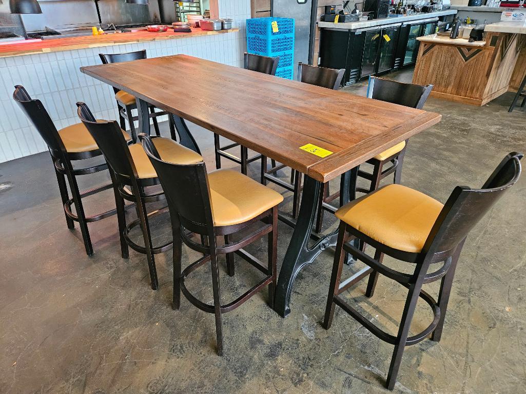 36" x 8' Wood High Top Table w/ 8 Barstools (Set)