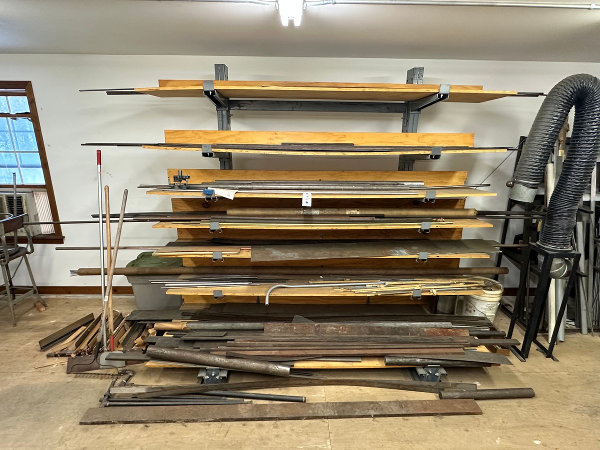 {LOT} Cantilever 7 Shelf Stock Rack w/ Assorted Bar & Round Stock Inspection Urged Must Take All