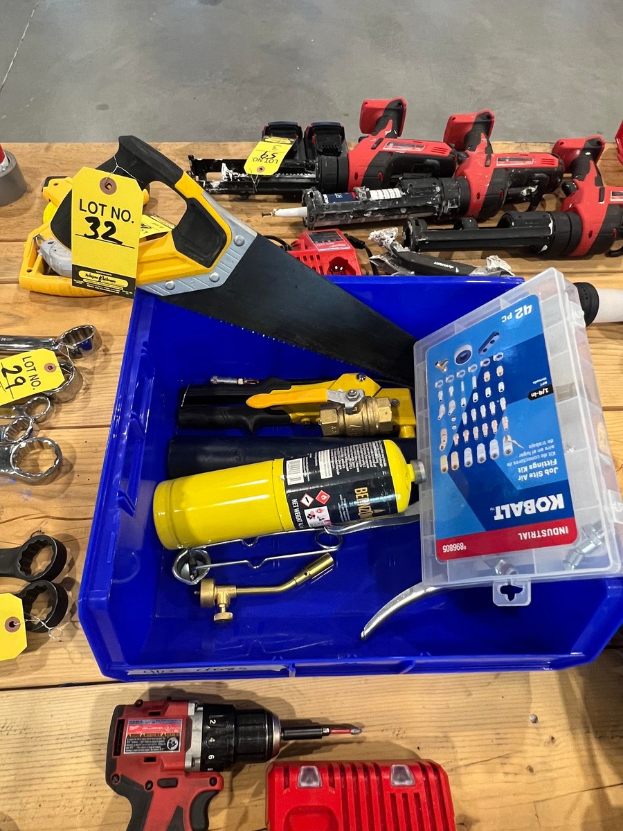 LOT AIR FITTINGS, BERNZOMATIC TORCH, HAND SAW, OIL GUN, RIVET TOOL