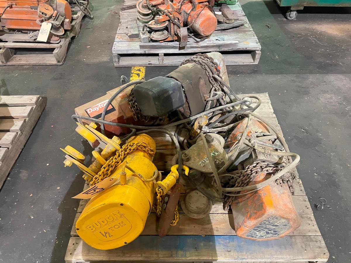 Lot of 3 Crane Hoists: (1) 1/2 Ton Budgit hoist (1) 1 Ton Dayton Hoist, (1) 1 Ton Jet Hoist